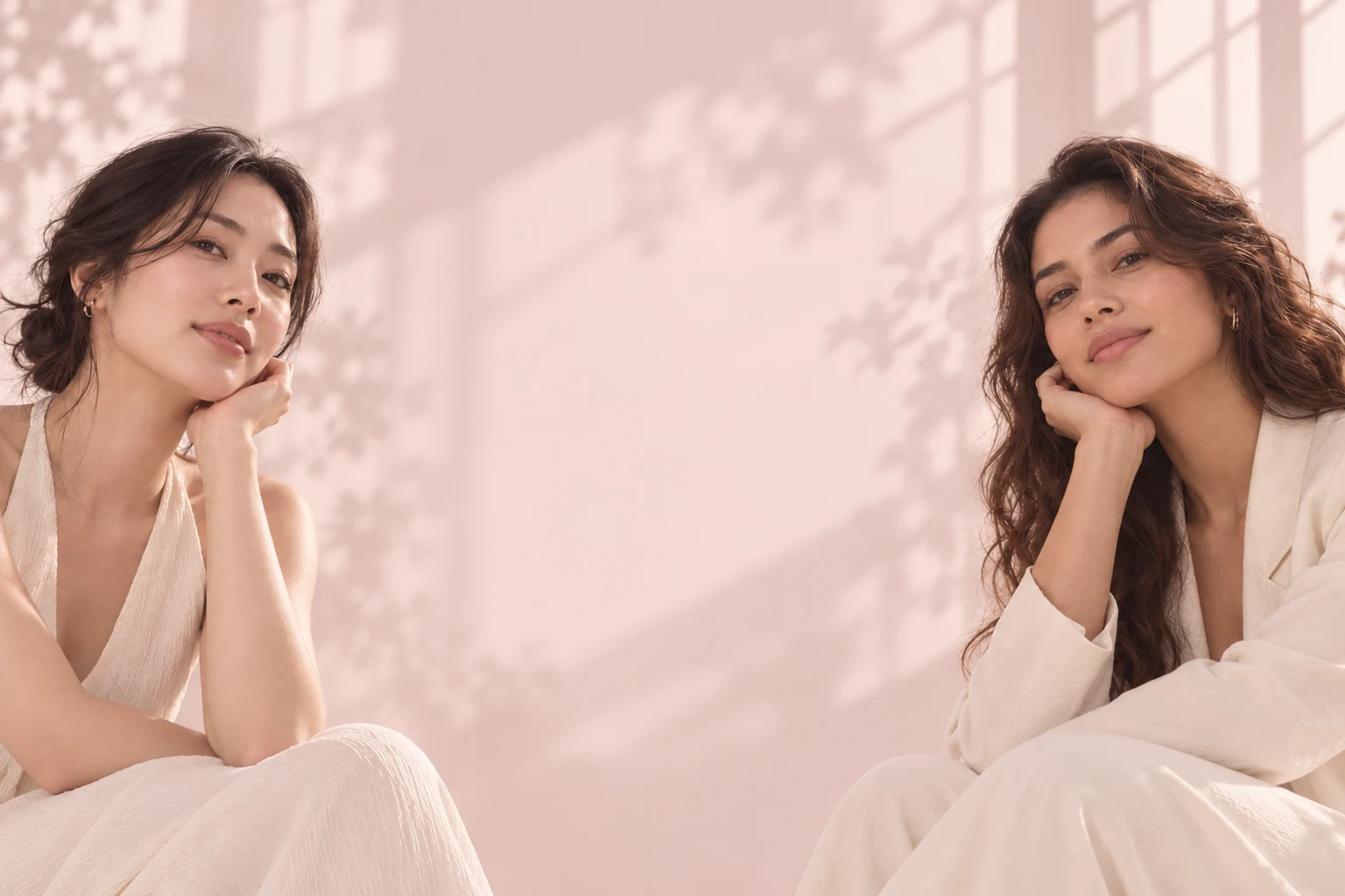 Duas mulheres em um retrato editorial em tons suaves, representando a conexão entre Coreia e Brasil
